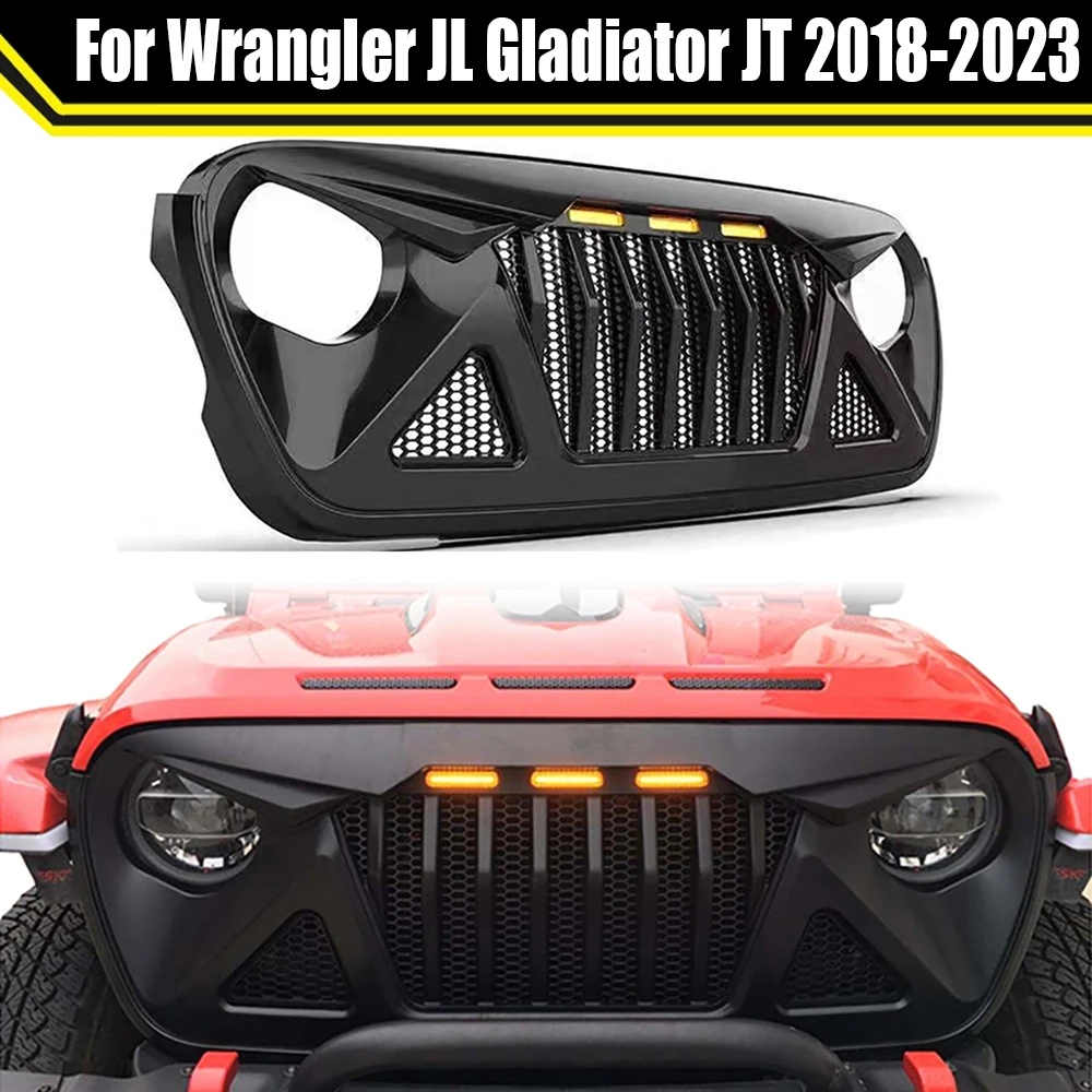 

Car Front Bumper Grille with Mesh Insert Fit For Wrangler JL Gladiator JT 2018-2023 With LED Light Modified ABS Racing Grills
