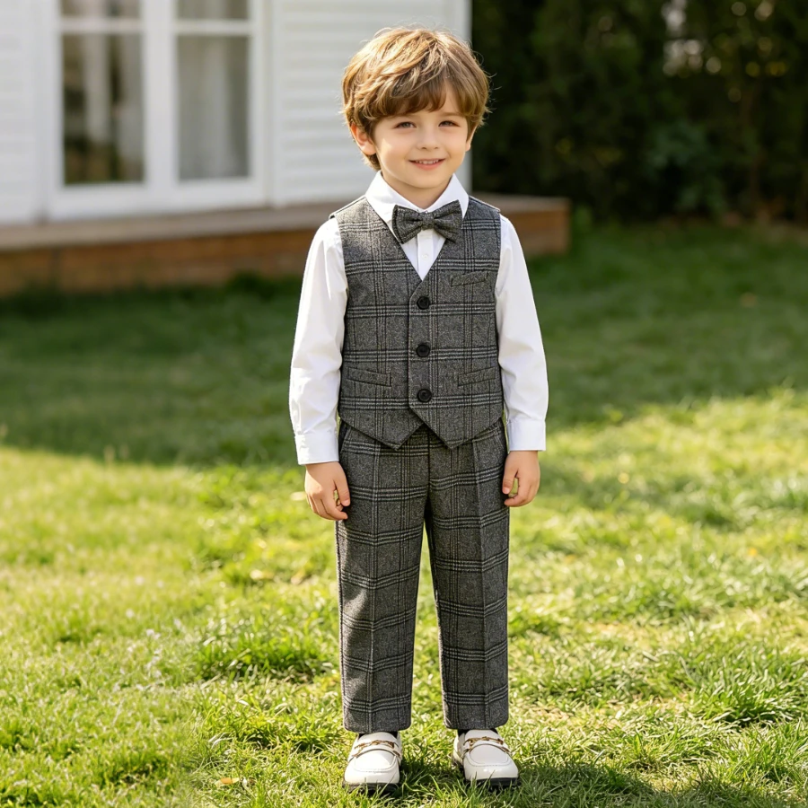 Kids Plaid Tweed Suit Set Double Breasted Blazer Pants Vest Bowtie Boys Gentleman Outfit for Wedding Birthday Party Performance