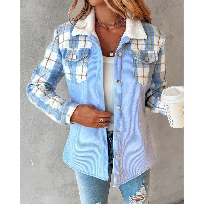 Autumn Winter Coat Women Plaid Pocket Stitching Cardigan Coat Women Long Sleeve Single Breasted Turn-down Collar Corduroy Jacket