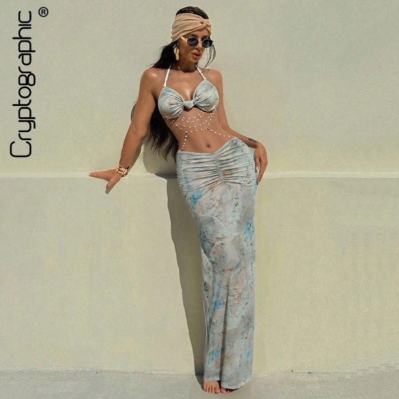 

Cryptographic Fashion Print Beading Embellished Maxi Dress Outfits for Women Backless Summer Halter Sexy Dresses Bodycon Clothes