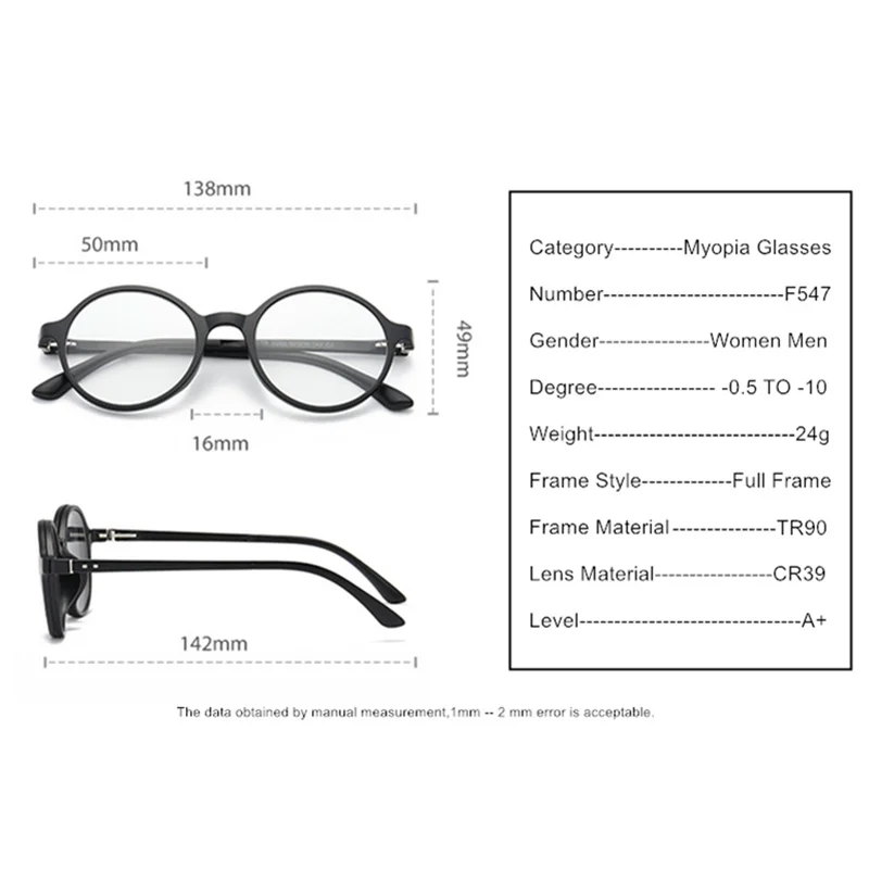 Magnet Clip Sunglasses Myopia Glasses Prescription -0.5 to -10 Men Women TR90 Round Frame Blue Light Blocking Spectacles F547