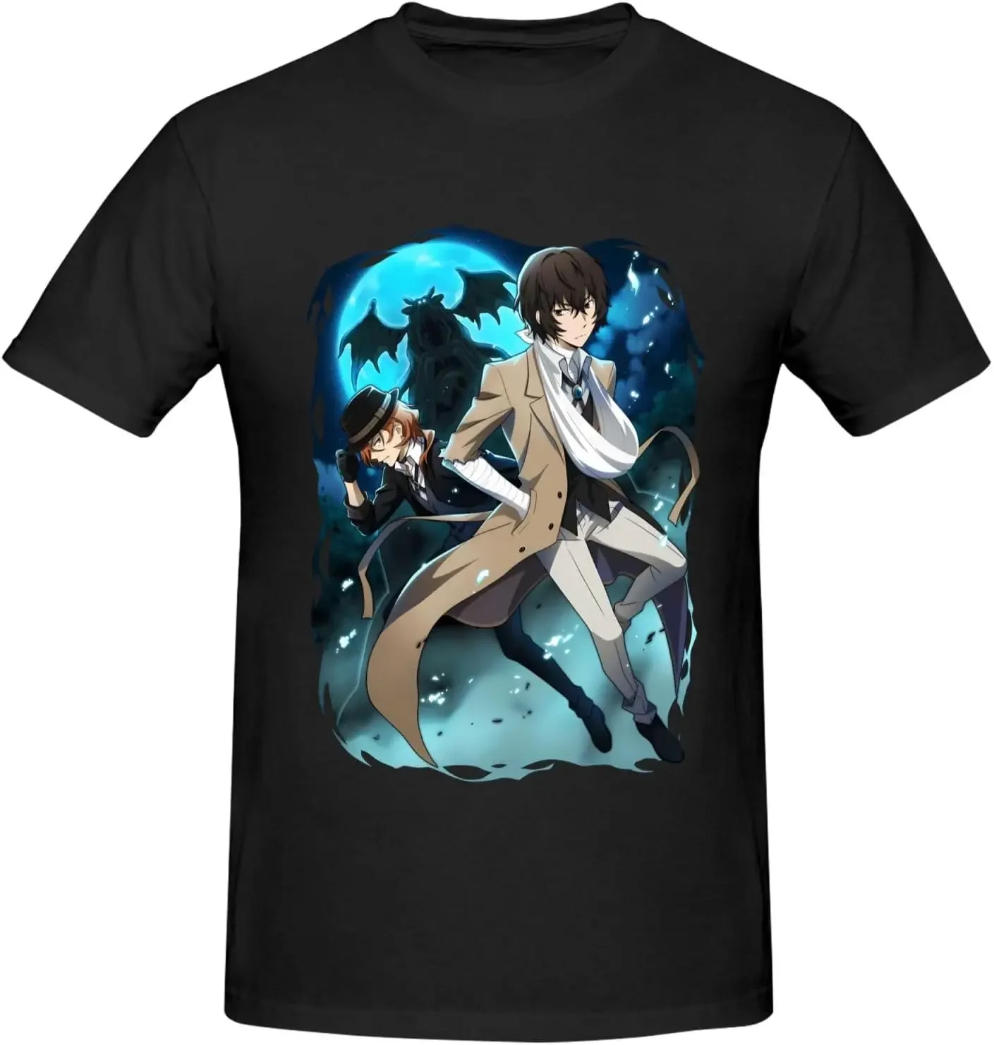 Bungo Anime Stray Dogs Shirt Men's Combed Cotton Short Sleeve T-Shirt Fashion Crew Neck Top Black