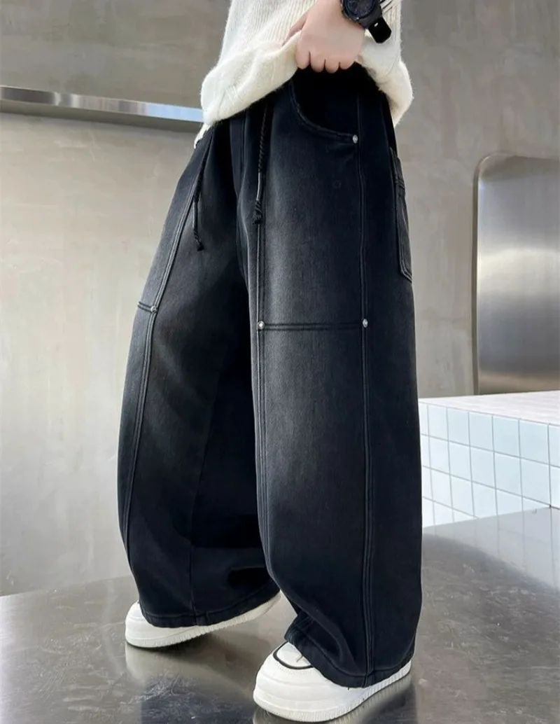 New Boys Winter Fleece-Lined Thickened Casual Straight-Leg Jeans Autumn Winter Loose Denim Pants for Toddler & Boys 8-14 Years