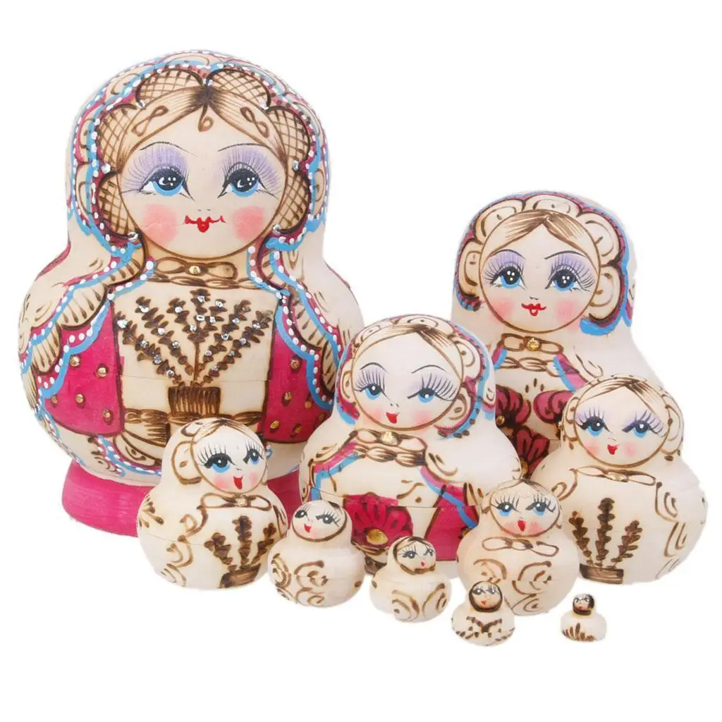 Muñeca apilable rusa hecha a mano, muñecas de anidación Matryoshka fucsia, 10 piezas