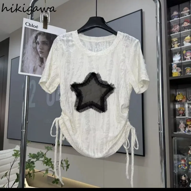 Białe koszule damskie letnie Harajuku koszulki z okrągłym dekoltem z krótkim rękawem z gwiazdkami swetry typu oversize casualowe eleganckie t-shirty