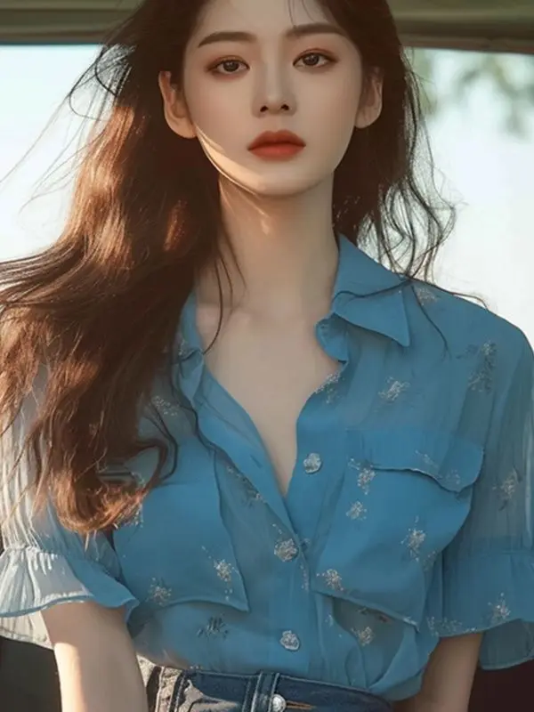 Summer Style Unique and Special Blue Chiffon Ruffle Short-sleeved Shirt for Women