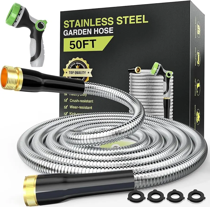 

50ft Metal Garden Hose Heavy Duty Stainless Steel Water Hose with 10-Function Spray Nozzle 3/4" Fittings Kink-Free Water Pipe