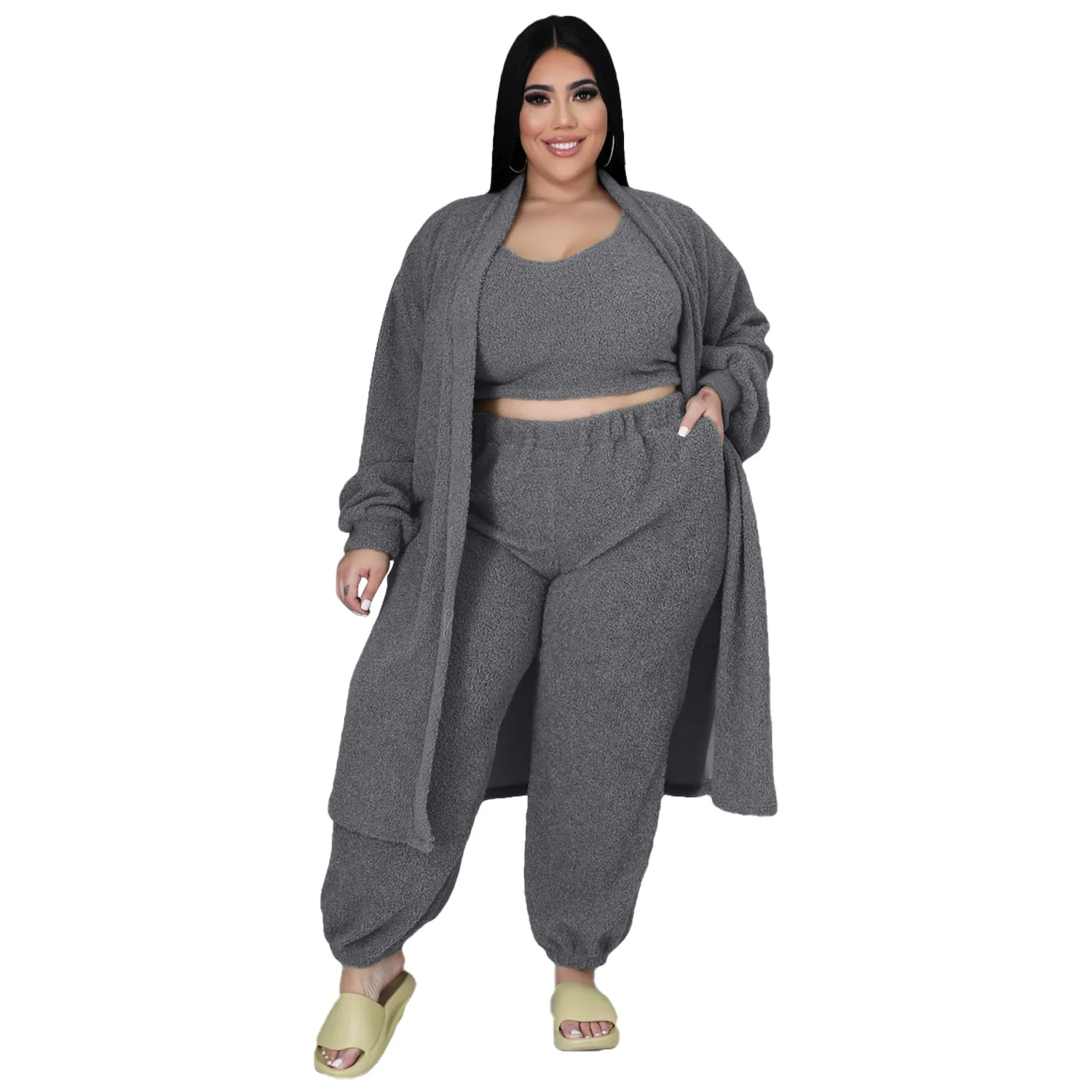 HAOOHU Urban Plus Size Women Clothing Autumn Winter New Polar Fleece Thick Three-Piece Set Solid Long Sleeve Fashion Casual Set