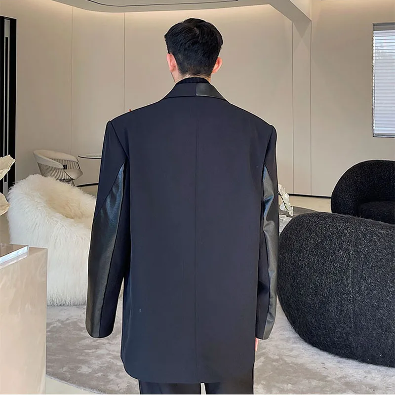 Men Fashion Show Korean Leather Splice Oversize Loose Casual Finger Sleeve Suit Jacket Blazer Man Vintage Streetwear Blazer Coat