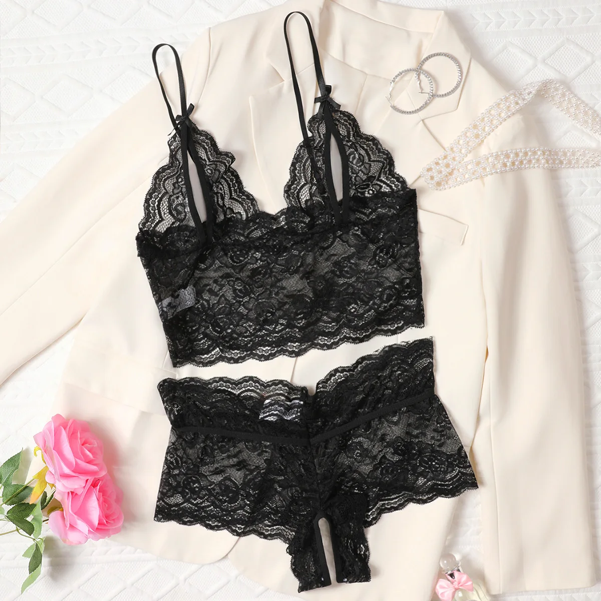 

New Open Bra 2 Pcs Women's Sexy Lace See-Through Pajamas Black Pink Cute Clothes Comfortable Breathable Suspender Shorts Set