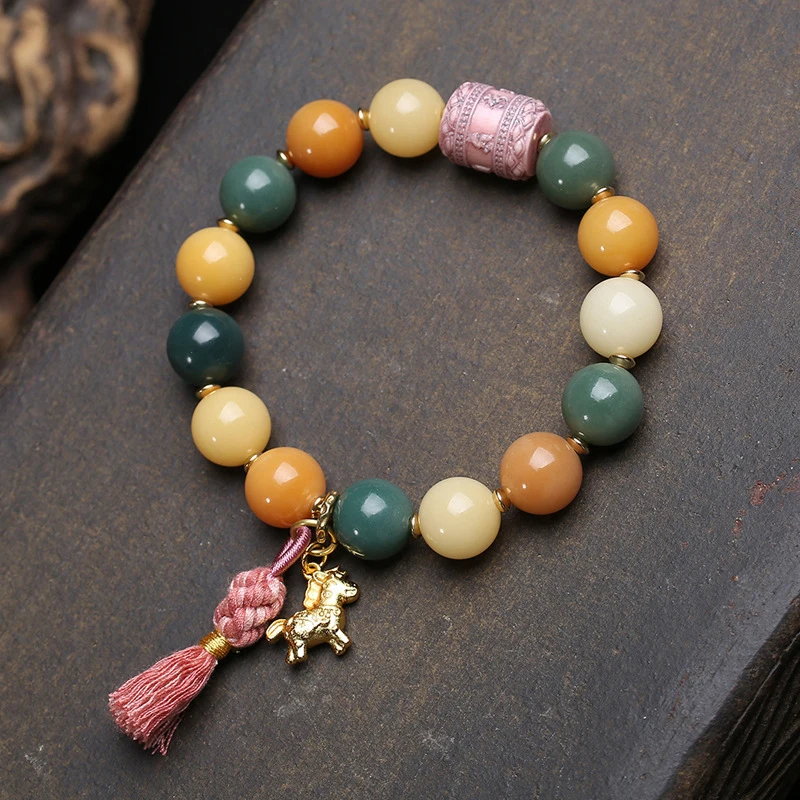 Natural colored weathered Bodhi root round bead bracelet with ivory fruit, six-character mantra, and lotus pod accessories whole