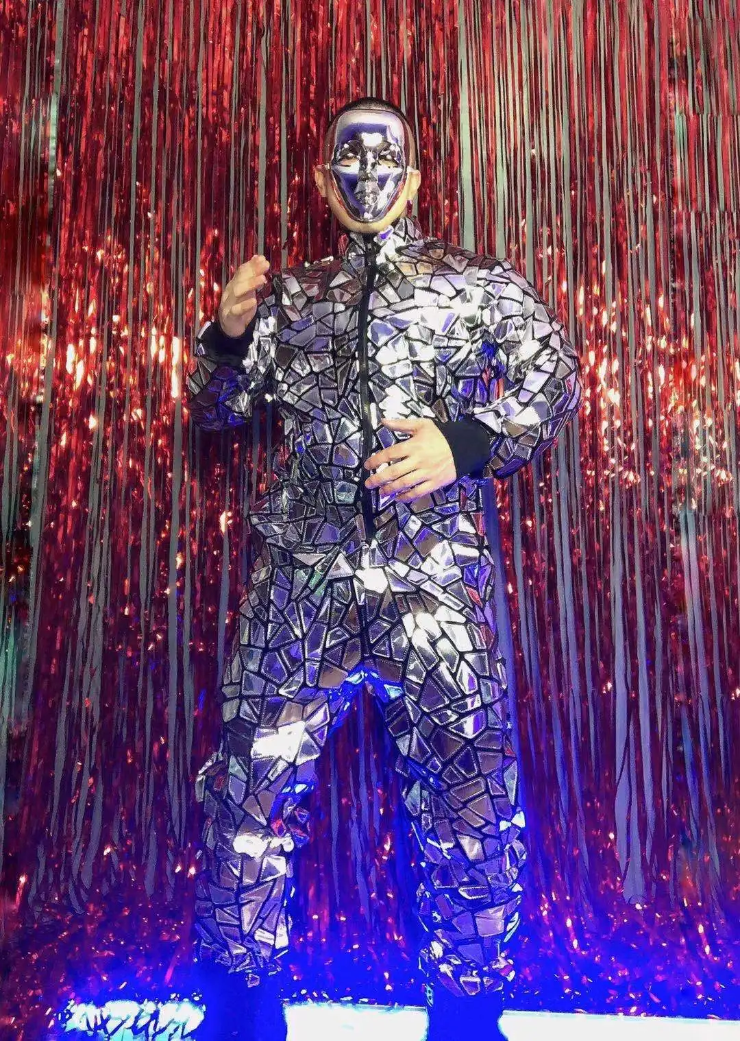 Silver Sequins Reflective Laser Loose Jumpsuit  Male Singer Dancer Costume Overalls Rock Hip Hop Stage Cool Performance Clothes