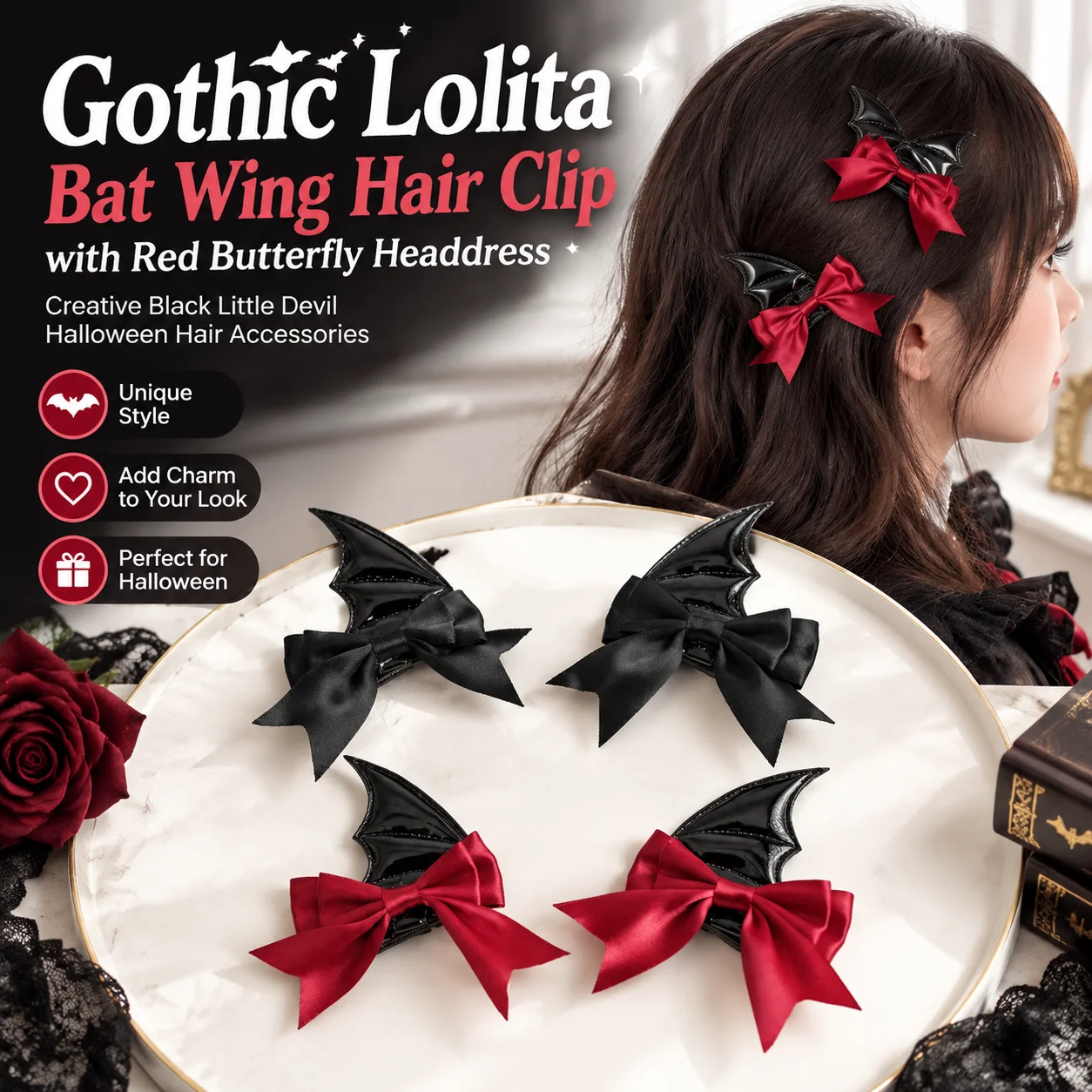 Gothic Lolita Bat Wing Hair Clip with Red Butterfly Headdress Creative Black Little Devil Halloween Hair Accessories