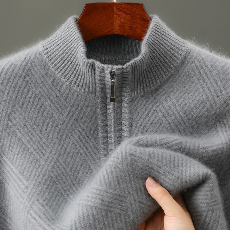 

Men's Trendy 100% Pure Cashmere Hoodie High Quality Luxury Knitted Half Zipper Streetwear Pull Top Loose Jumper Thick