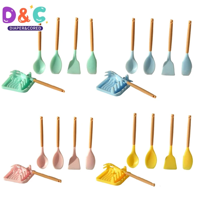 1/6 1/12 Dollhouse Miniature Pot Spatula Spoon Squeegee Frying Shovel with Holder Tray Kitchen Kitchenware Model Decor Toy Set