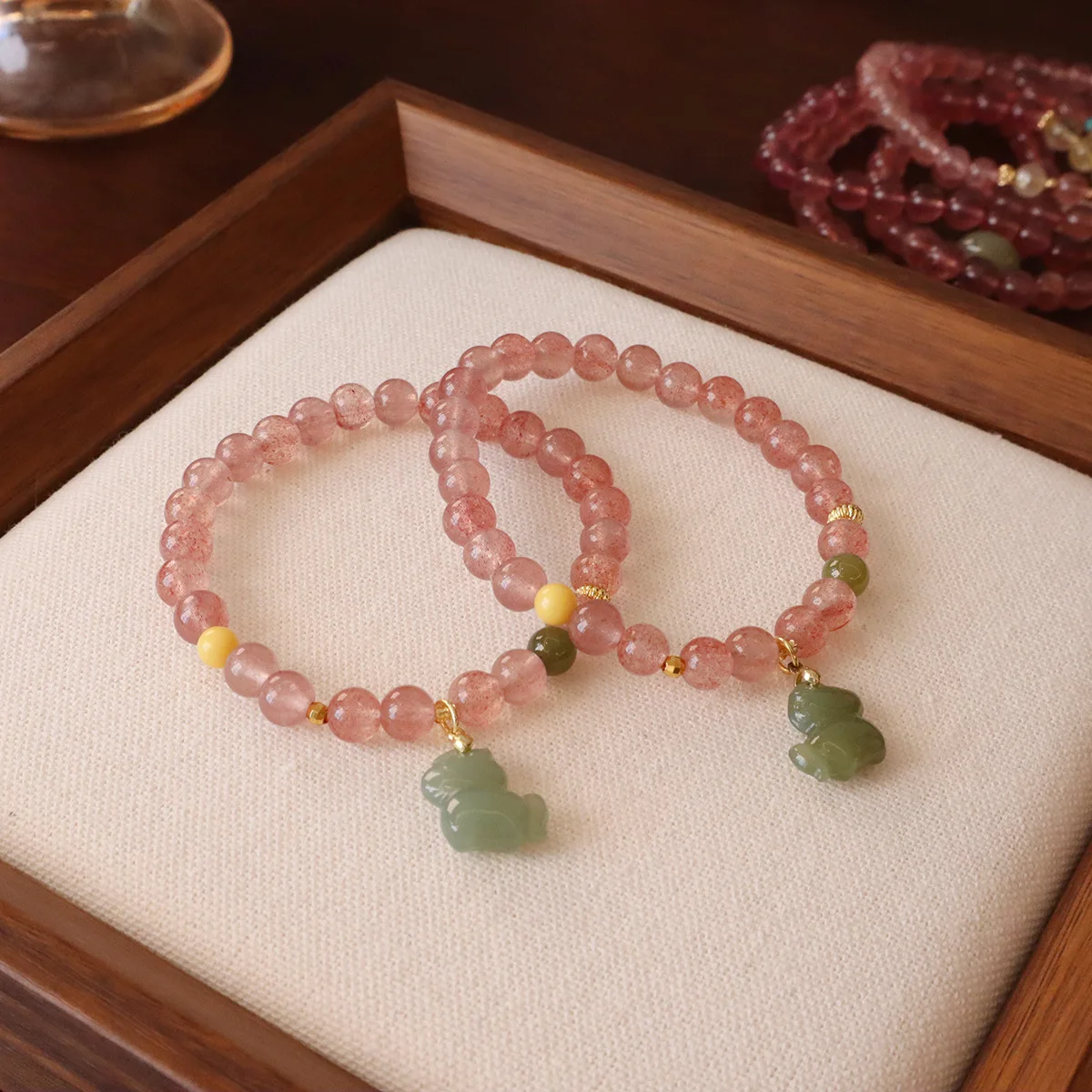 6MM Natural Strawberry Quartz Crystal Beaded Bracelet Women Lucky Hetian Jade Pixiu/Horse/Cat's Paw Charms Luxury Fine Jewelry - view 5