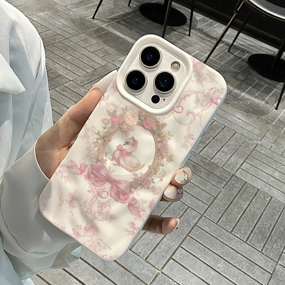 Koreanisches Mädchen Niedliches Schwanenmuster Handyhülle für iPhone 17 16 15 14 13 12 11 Pro Max 14 Plus 17Air Falten-Wellen Weiche Silikonhülle – Detail 4