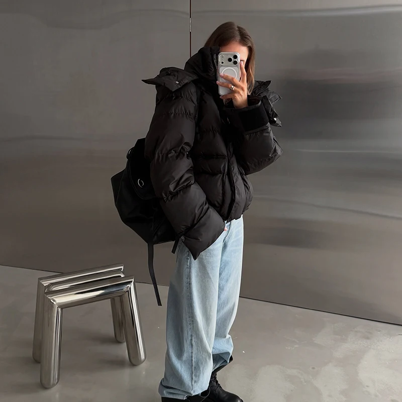 Kapuzenjacke mit Großen Taschen, Übergroße Gefütterte Jacken für Damen, Street-Style, Stehkragen, Lange Ärmel, Reißverschluss, Einfarbig, Lose Pufferjacken, Neue Oberbekleidung – Detail 29