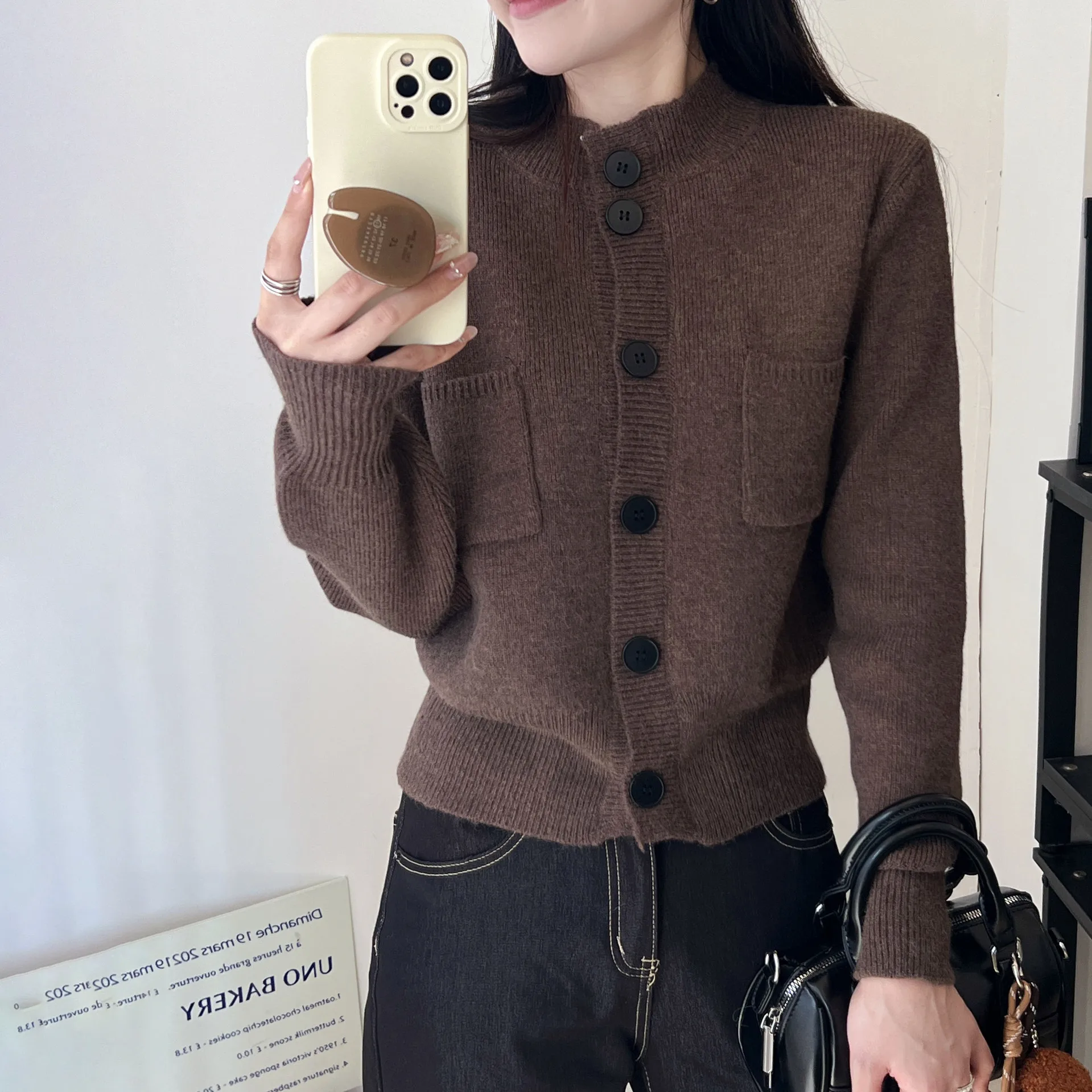 

Женский тонкий вязаный кардиган в японском стиле, короткое повседневное пальто с карманами на осень и зиму, новинка