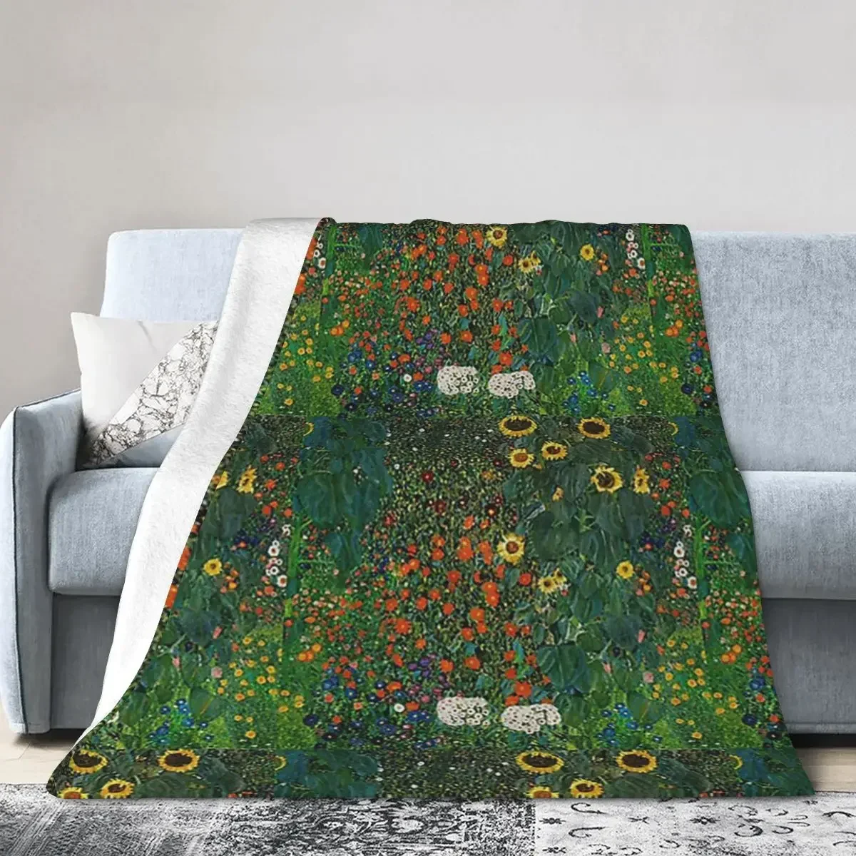 Farm Garden With Flowers - Klimt Artsy Sticker Blankets Flannel Throw Blanket Cover for Bed Living room Picnic Travel Home Sofa