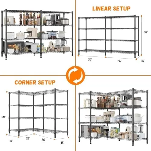 4-Tier Adjustable Metal Storage Shelves, Space-Saving Corner Rack for Kitchen, Pantry, Office, Garage, Books & Plants