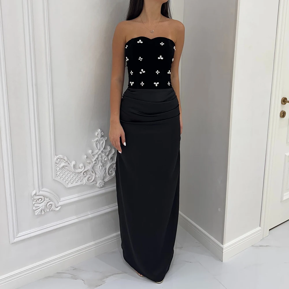 

Custom Made Black Sweetheart Collar Beaded Crystal Formal Evening Gown Pleated Floor Length Sheath Prom Party Dress for Women