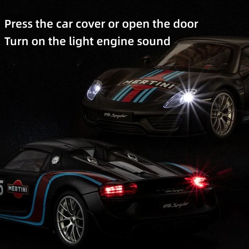 1:18 Scale Car Model Porsche Martini 918 Spyder Alloy Miniature Diecast Metal Sound＆Light Collection Children Toy Vehcile Gift ﻿