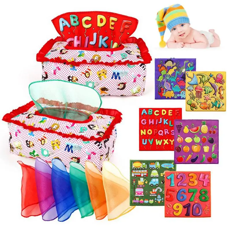 Plush Pull Along Baby Tissue Box Toy With Colorful Saft Scarves Educational Manipulative Preschool Learning Toys