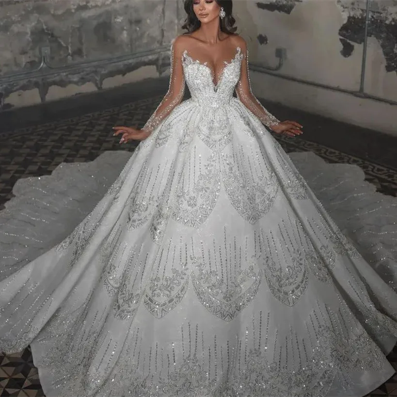 

Luxury Ball Gown Wedding Dresses Long Sleeves V Neck Sequins Ruffles Appliques Beads Lace-up Bridal Gowns Vestina De Novia