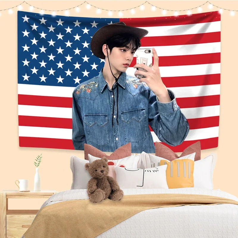 Soobins American Flag Tapestry Kpop Idol Home Decoration Wall Hanging Bedroom Dorm Background Birthday Gift Concert Banner # 0@