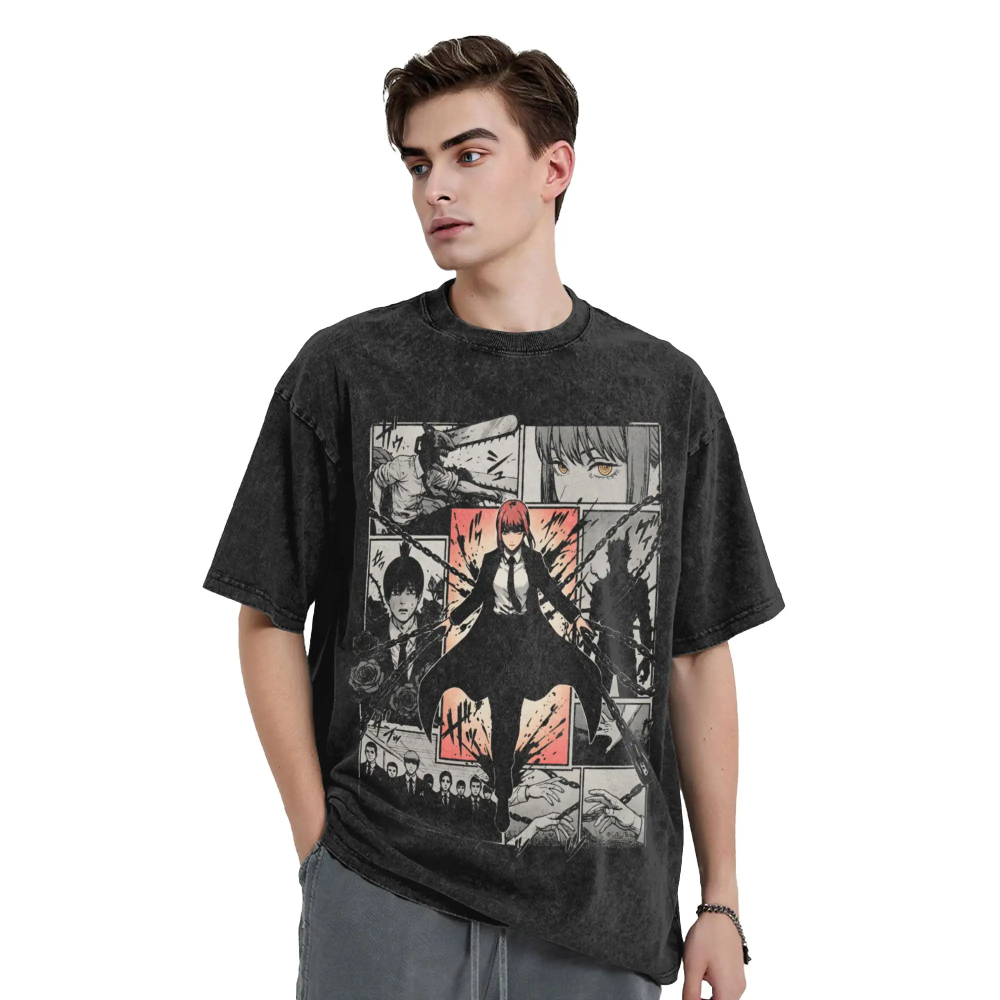 Men Women T Shirt Chainsaws Man Washed T-Shirts Leisure Makima Manga Summer T Shirt Vintage Pattern Casual Clothes Plus Size 2XL