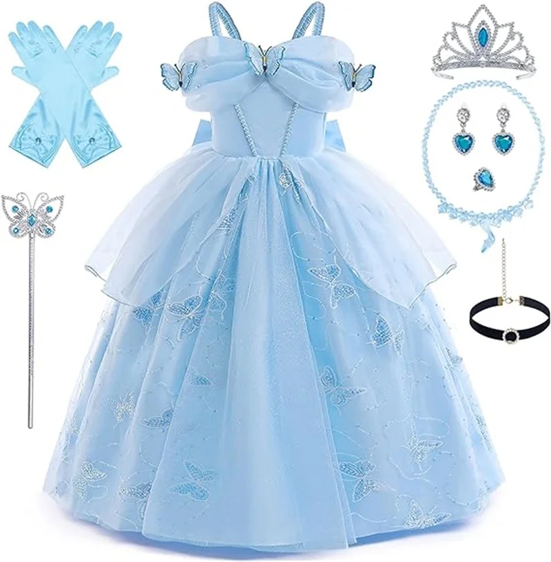 Girls Blue Princess Mesh Dress With Butterfly Embroidery Kids Carnival Birthday Party Gown Halloween Cinderella Cosplay Costume