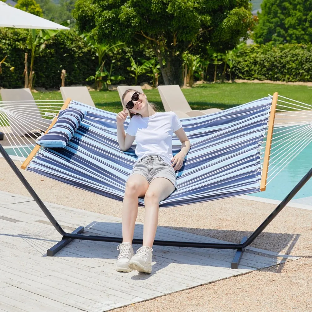 

Double Hammock with Outdoor Heavy Duty Stand, 2 Person 55" Oversized Textile Hammock with Hardwood Boom, Removable Pillow