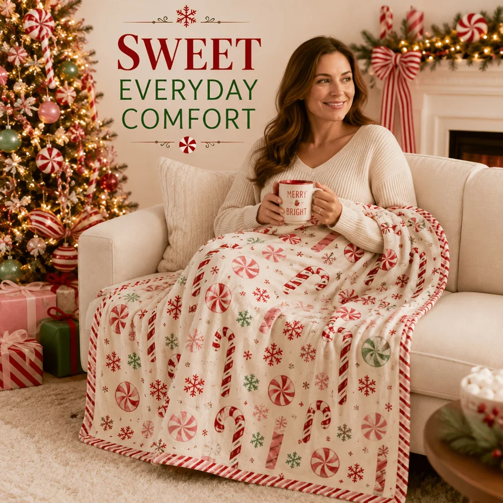 Cozy Christmas Throw Blanket Plush Candy Cane Peppermint Pattern Holiday Throw Xmas Decor Couch Throw Gift for Seasonal Home Dec