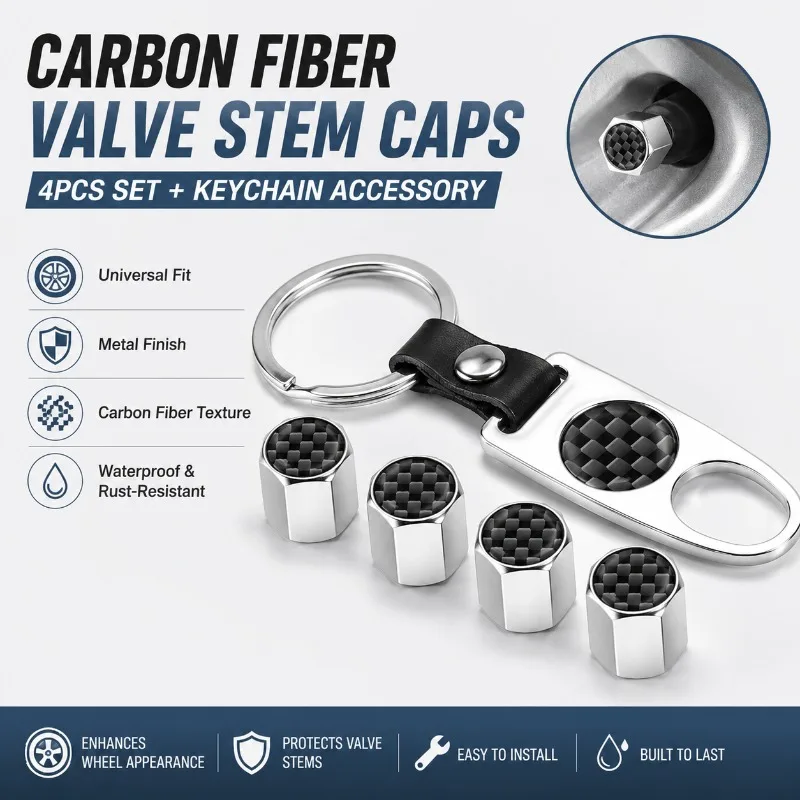 Universal Alloy Car Tire Valve Stem Caps 4PCS, Carbon Fiber Texture Wheel Air Valve Covers with Keychain, Waterproof Dustproof