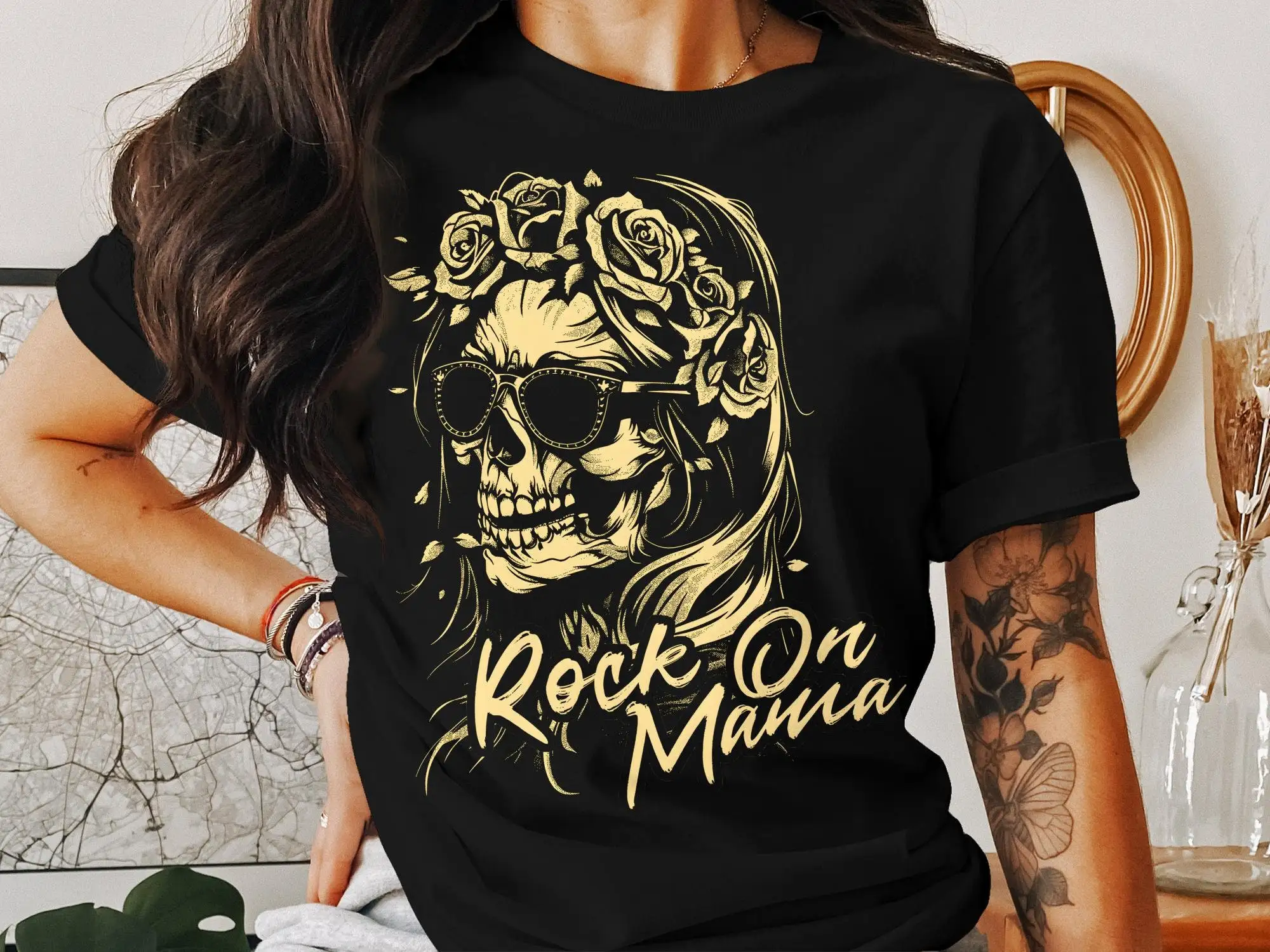 Yellow Skull Mama T Shirt Mother'S Day For Punk Mom Goth Emo Grunge Maternity Metalhead Rocknroll