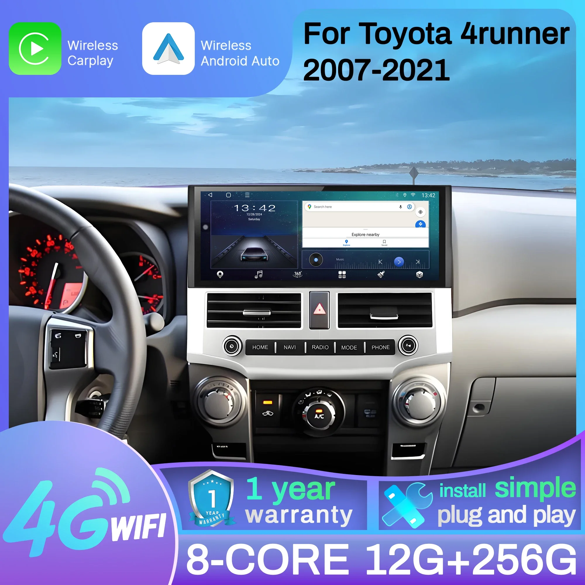 12.3 inch Car Radio Android 15 For Toyota 4runner 2007-2021 Wireless Bluetooth Carplay Multimedia Head Unit Touch Screen