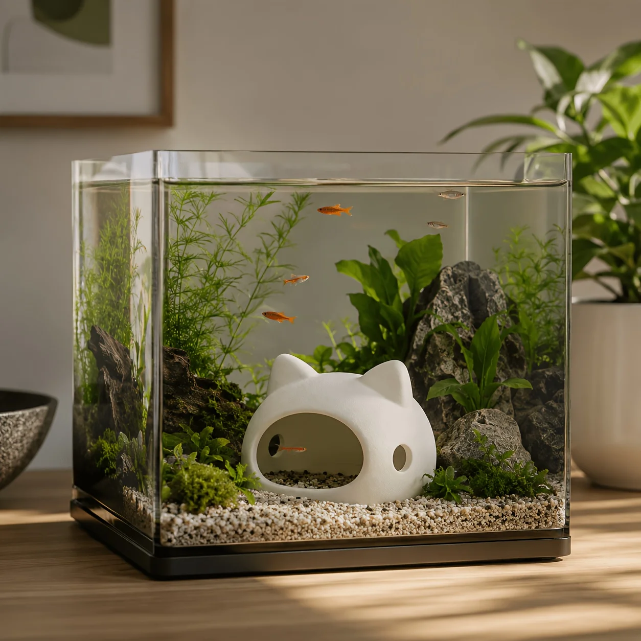 Cute Cat Head Shape Fish Shrimp Hideout Caves 3D Print Aquarium Cat Ornaments Fish Tank Landscape Decor DIY Painting Model Gifts