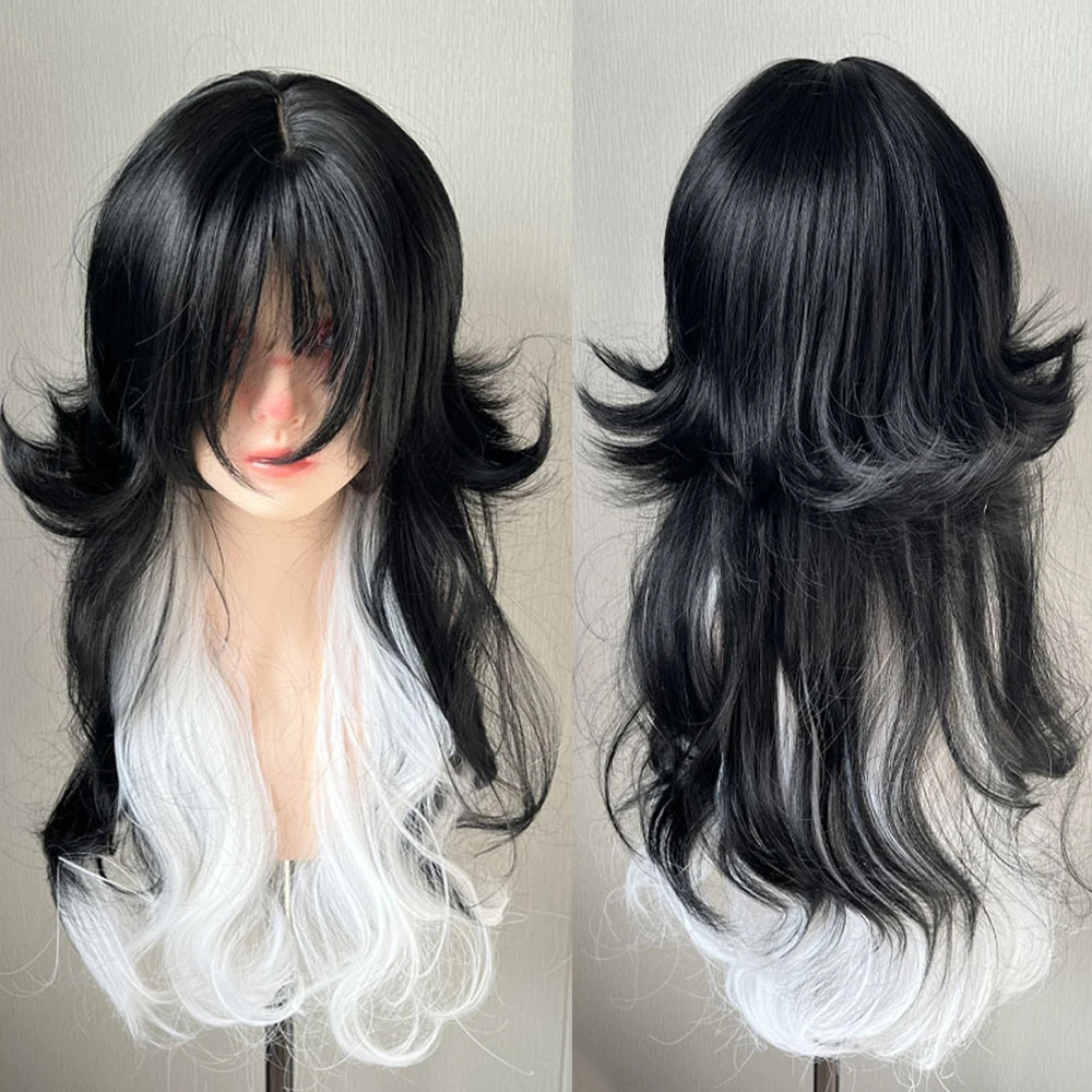 

Black Ombre White Layered Jellyfish Head Wig Synthetic Long Wavy Fluffy Lolita Cosplay Wig for Daily Party
