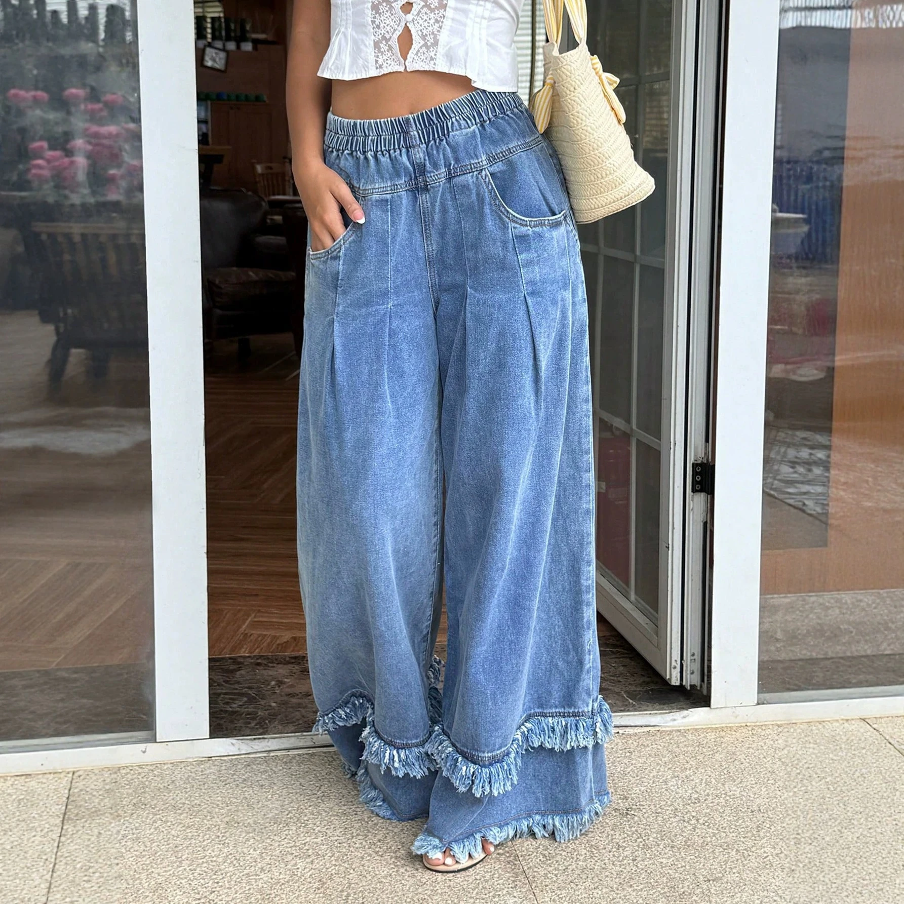 Women Elegant Double‑Layer Raw Edge Hem Jeans Elastic Waist Wide‑Leg Trousers Soft Washed Denim Casual Floor‑Length Long Pants