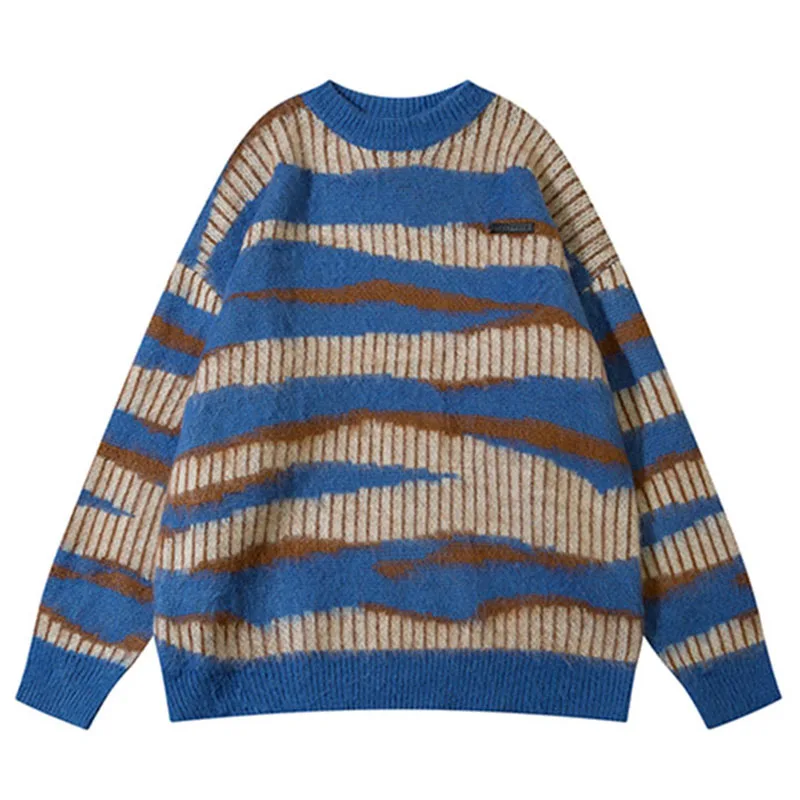 

2023 Mohair Striped Sweater Men Winter Cashmere O-Neck Pullovers Knit Hip Hop Harajuku Knitted Jumper Sweaters Vintage Oversized