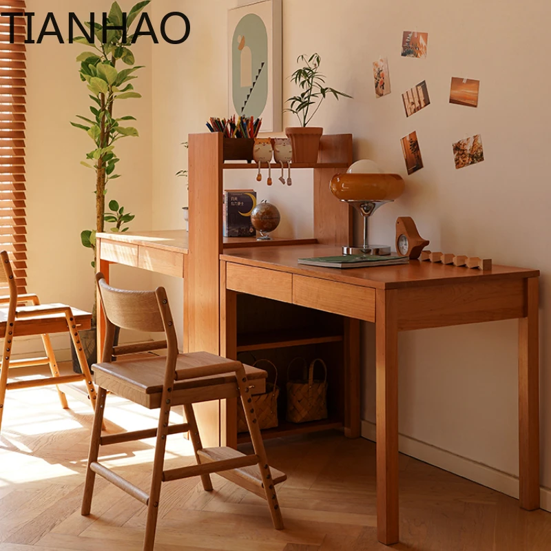 All solid wood one-piece desk bookshelf combination simple one-piece children's double cherry wood study table