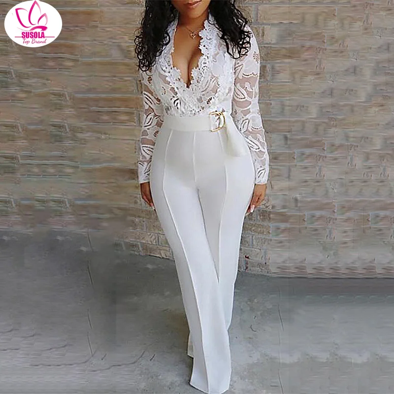 SUSOLA Rompers Sexy Jumpsuit White Jumpsuit Women Lace Stitching Long Sleeve V-neck Wide Leg Long Pants Office Lady Jumpsuits