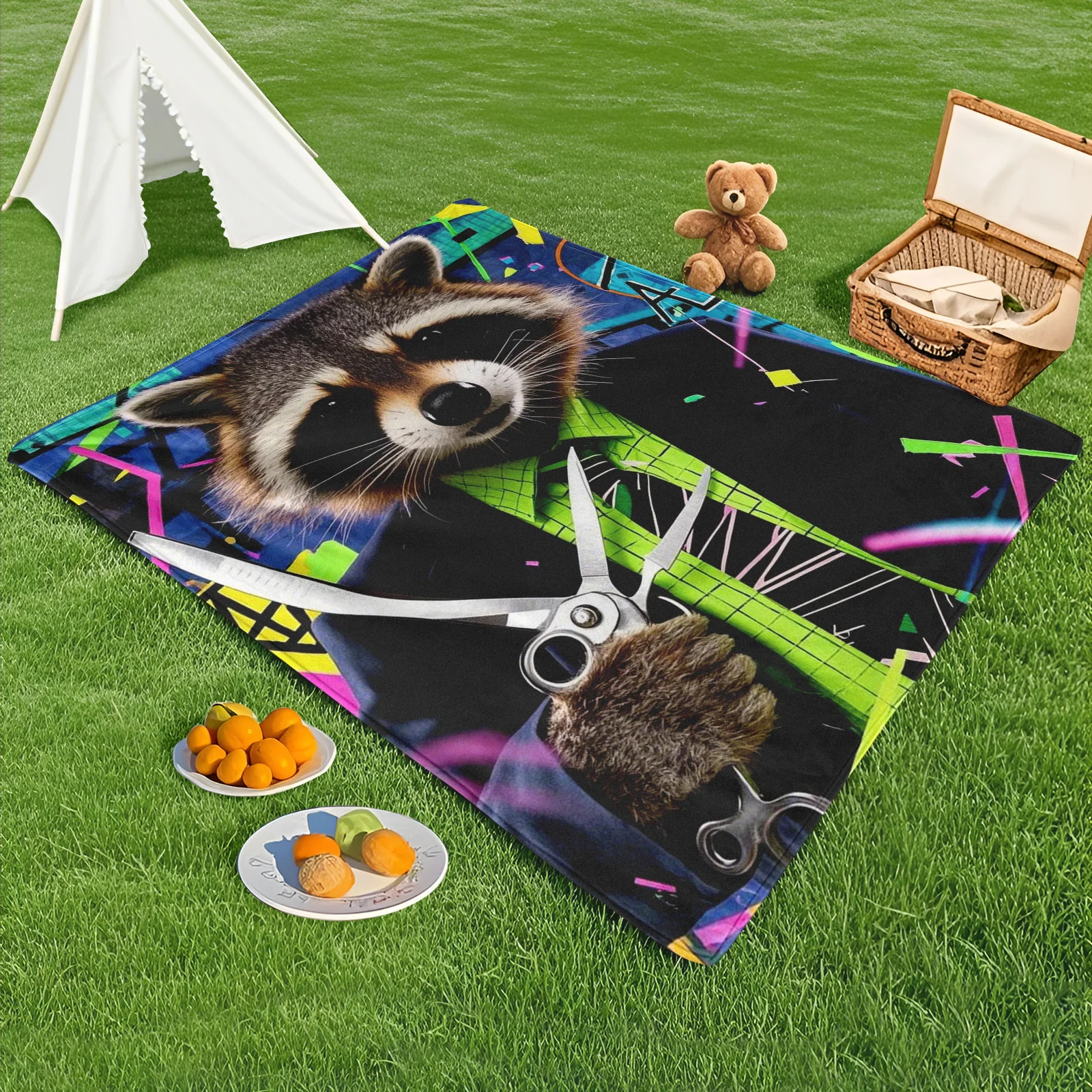 

Raccoon In Suit Creative Green Vector Style Outdoor Blanket For Unique Picnics And Trendy Adventures With Artistic Flair