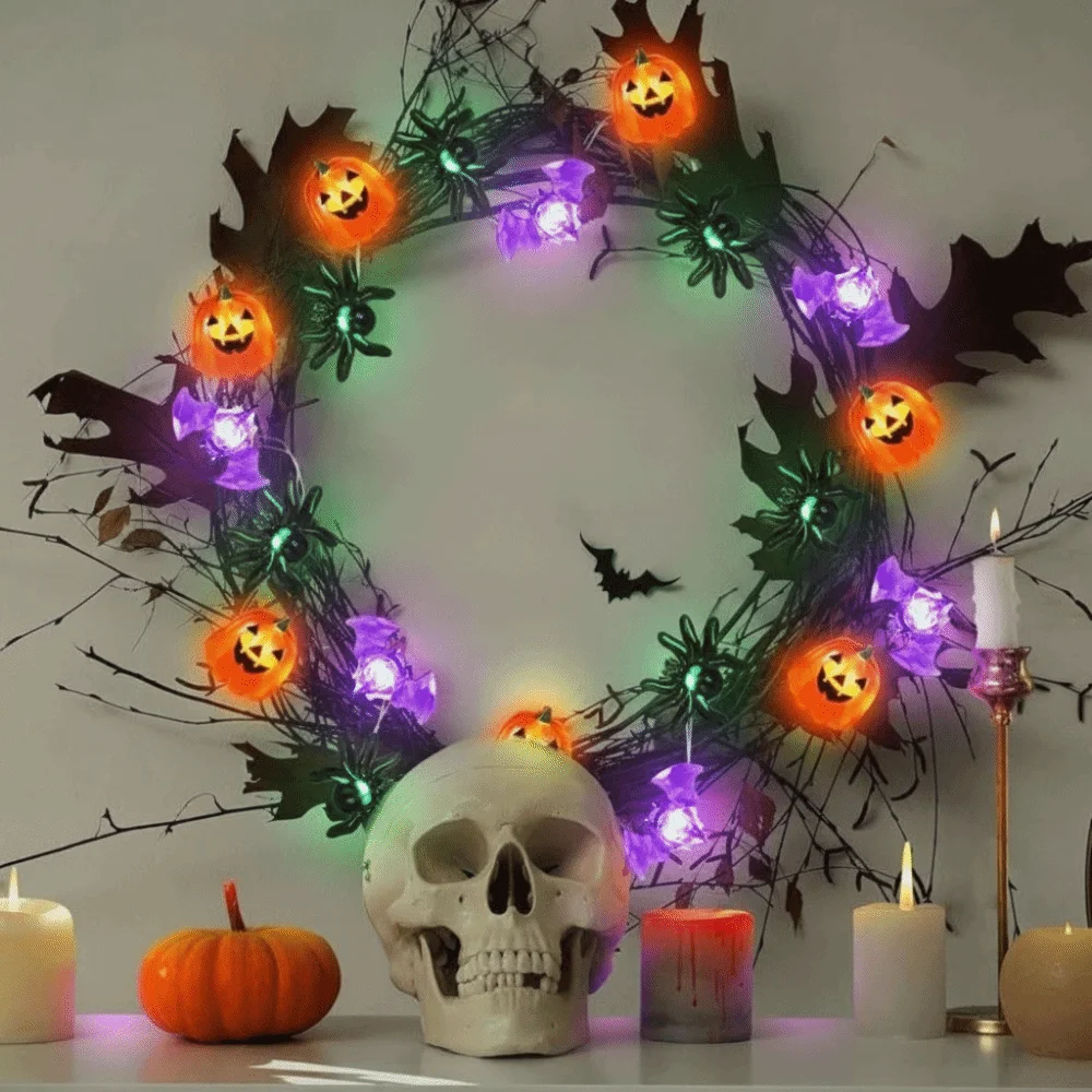 Battery Powered Halloween Party Lights Pumpkin Spider LED String Lights Mixed Style Ghost Decorative Light String Yard Decor