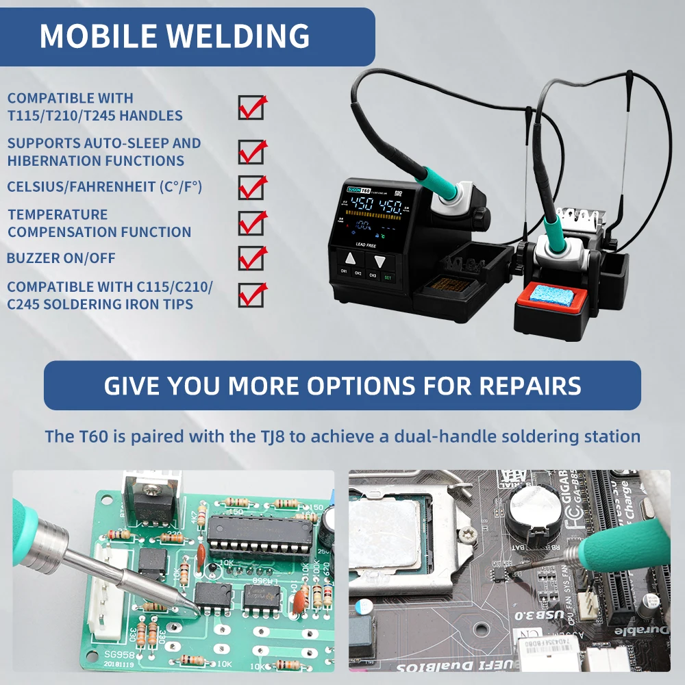 SUGON T60 Soldering Station Compatible Original 115/210/245 Iron Tip With Double Handle Digital Display Welding Rework Station