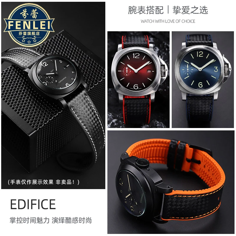 Pulseira de borracha impermeável para homens, Panerai PAM111 441 Breitling Watch Band, Carbon Fiber Pattern, Cow Leather, Accessories, 22mm, 24mm