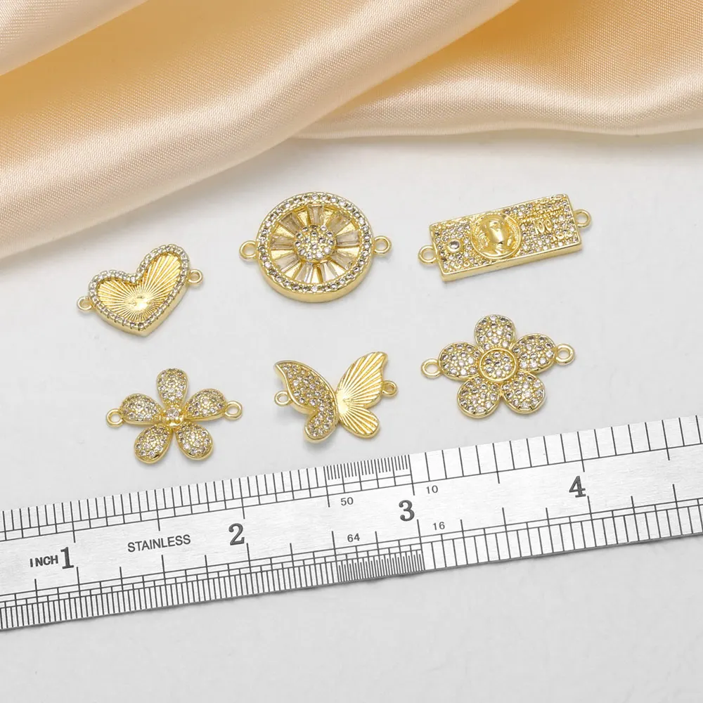 OCESRIO CZ Flower Butterfly Heart Money Charm for Bracelet Copper Gold Plated Connector Charm Jewelry Making Supplies chma376
