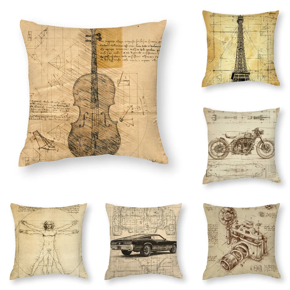

Da Vinci Inspired Sketches Pillow Case Plush Fabric Soft Double Sided Print Sofa Cushion Cover Throw Pillow Covers