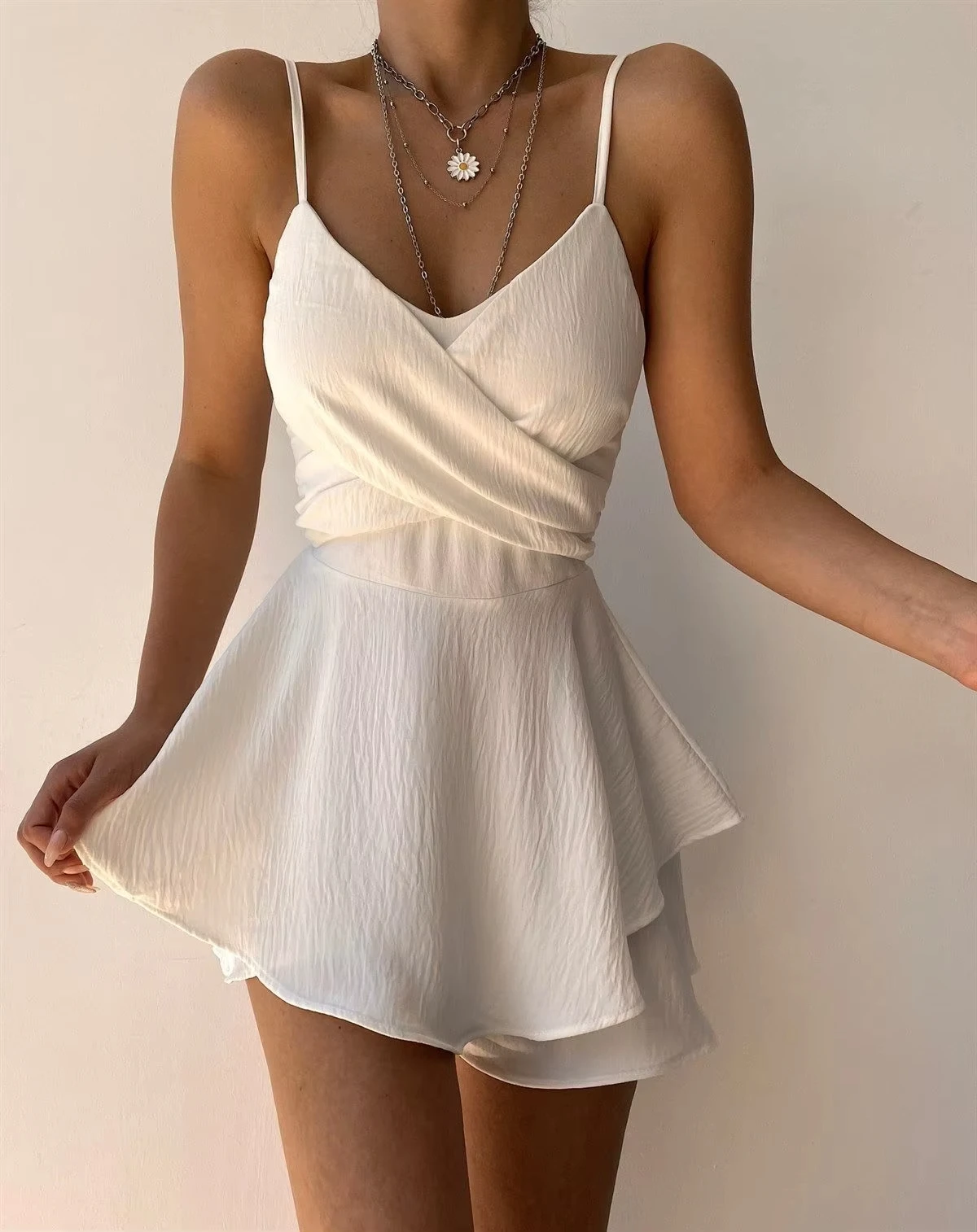 

Slim Suspender Strap Sexy Jumpsuits Y2k Ruffles Rompers Summer Casual Threaded Slip Playsuits Female Elegant Skirt Pants